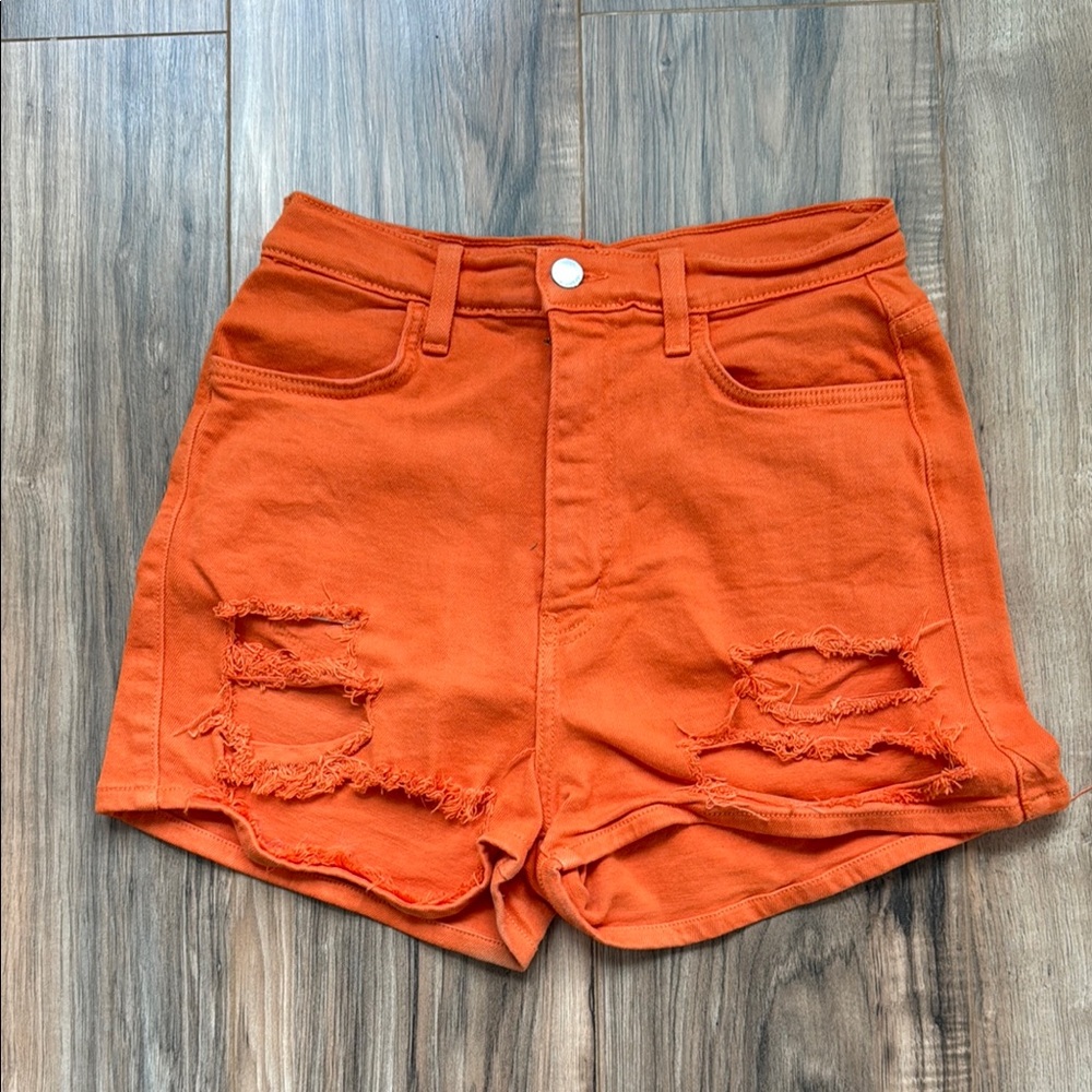 Vibrant Orange High Waist Distressed Shorts